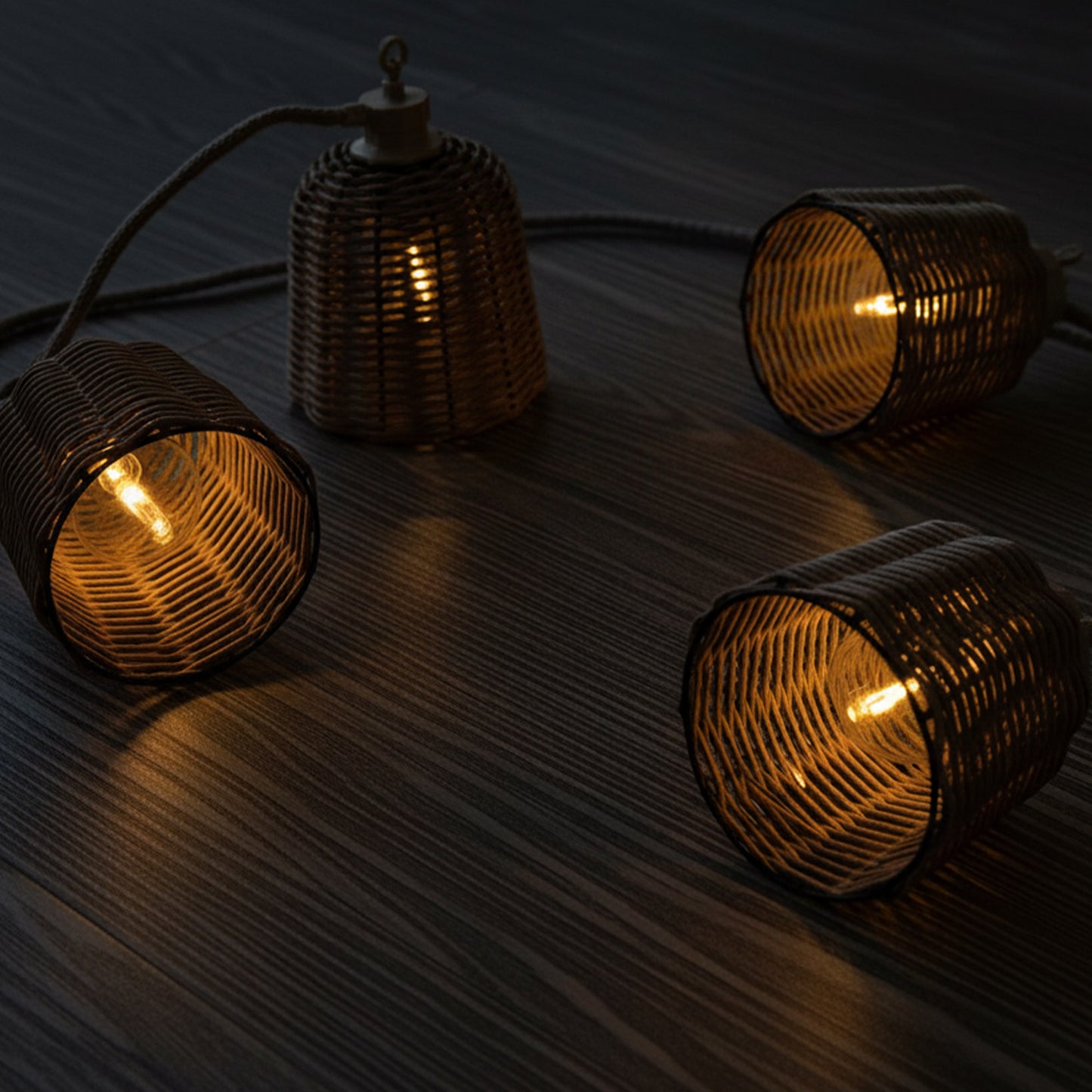 Guirlande lumineuse extérieur raccordable 10 abat-jour en poly rotin FORMENTERA BIG HYBRID blanc chaud 8m solaire et sur secteur