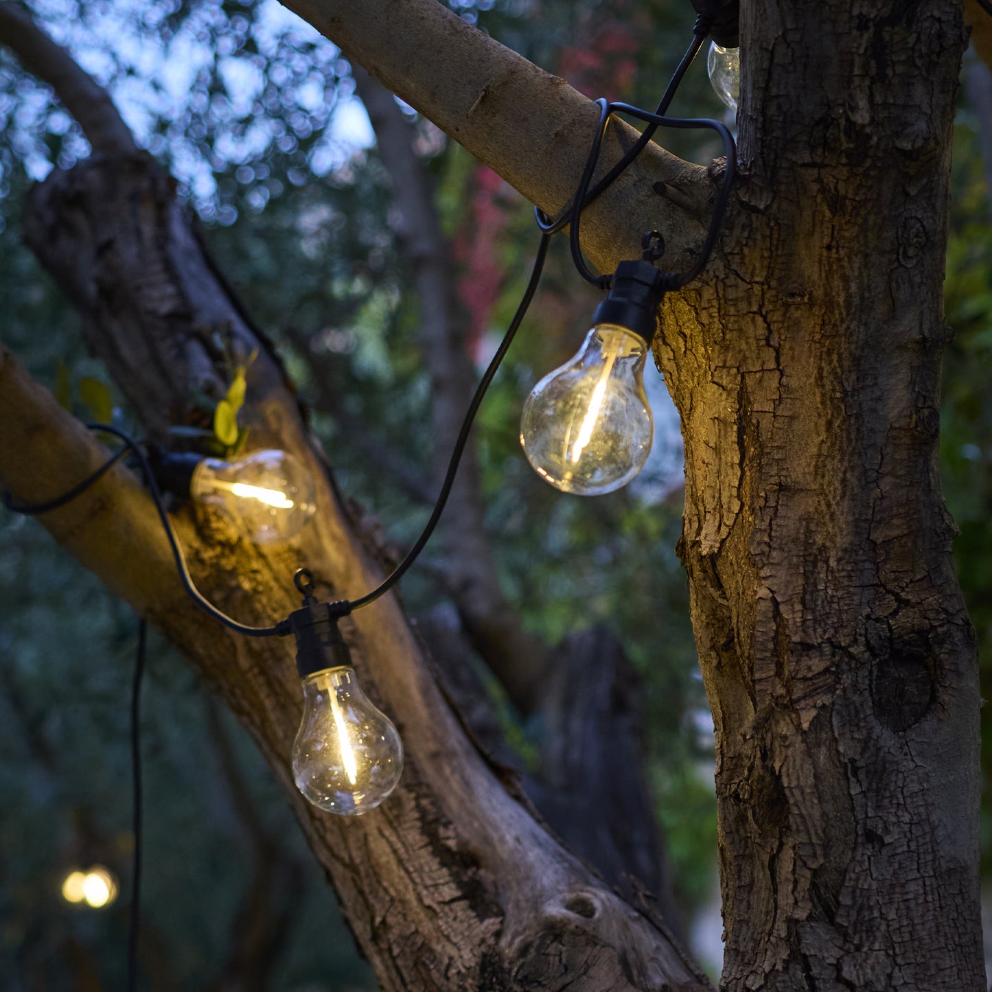 Anschließbare Außenlichtgirlande 10 warmweiße LED-Kugeln transparent PARTY CLEAR HYBRID 7,50m solar- und netzbetrieben