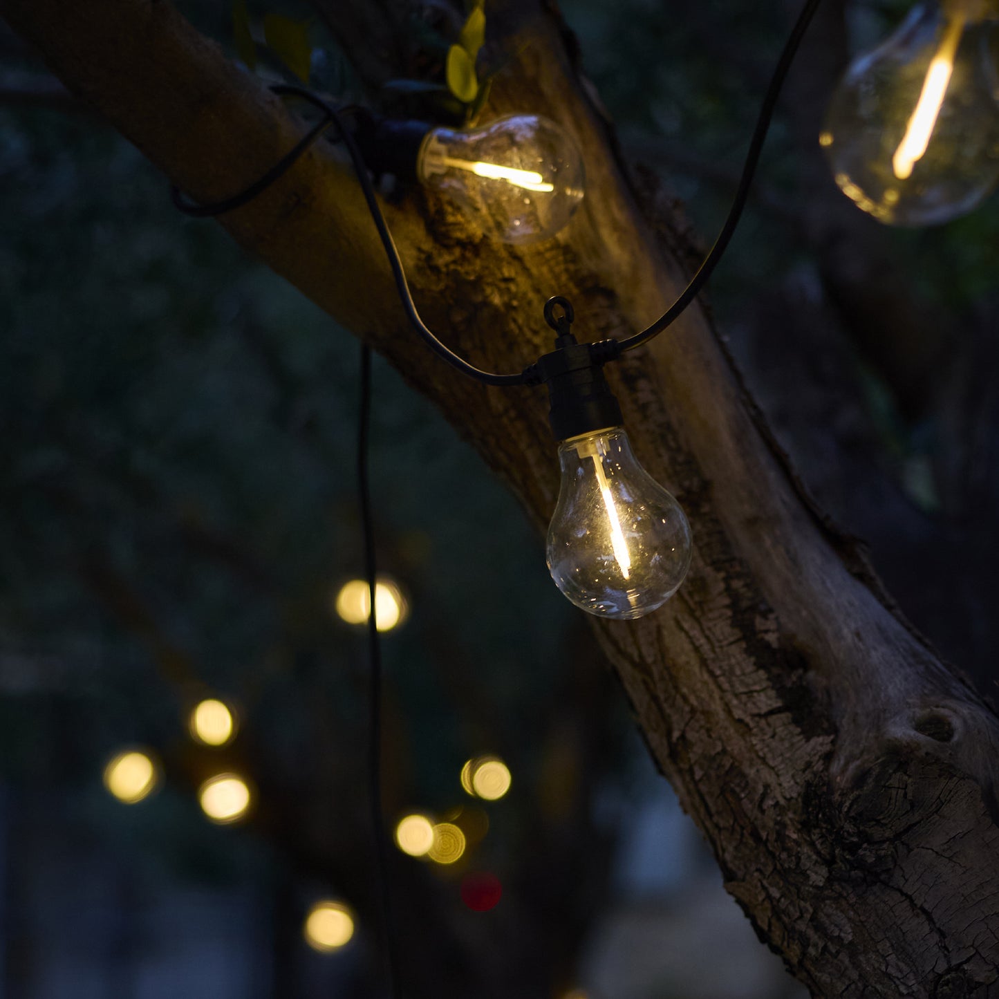 Anschließbare Außenlichtgirlande 10 warmweiße LED-Kugeln transparent PARTY CLEAR HYBRID 7,50m solar- und netzbetrieben