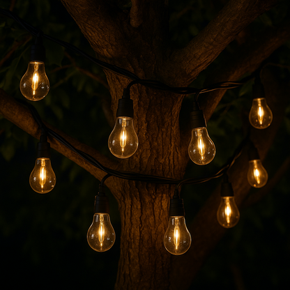 Anschließbare Außenlichtgirlande 10 warmweiße LED-Kugeln transparent PARTY CLEAR HYBRID 7,50m solar- und netzbetrieben