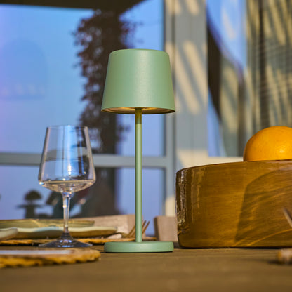 Mini lampe de table touch sans fil en aluminium vert LED KELLY MINI OLIVE blanc dimmable H22cm