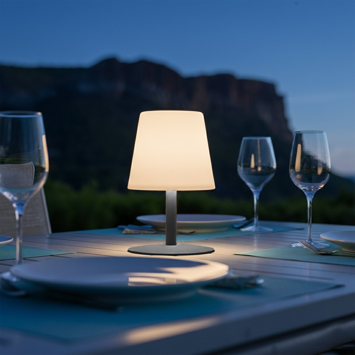 Kabellose Tischleuchte grauer Stahlfuß LED warmweiß/weiß dimmbar STANDY MINI Rock H25cm