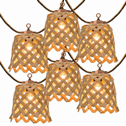 Lot de 2 guirlandes lumineuses solaires et sur secteur raccordables 20 abat-jour bois style bohème LED blanc chaud 2x NOYA LIGHT HYBRID 13m