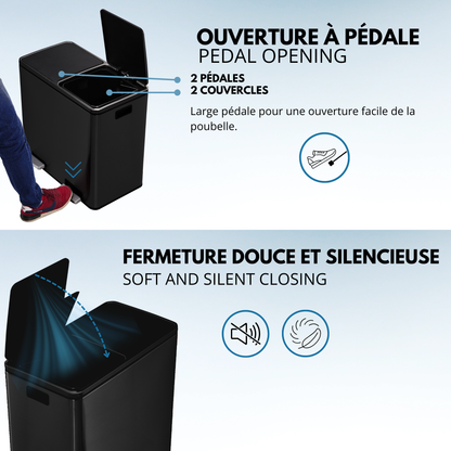Poubelle de cuisine à pédale tri sélectif grande capacité 60L (2x30L) MAJOR en acier Inox Noir mat