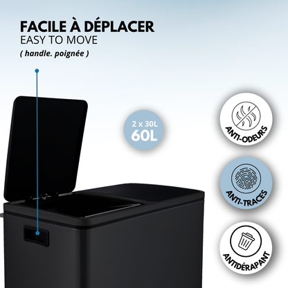 Poubelle de cuisine à pédale tri sélectif grande capacité 60L (2x30L) MAJOR en acier Inox Noir mat