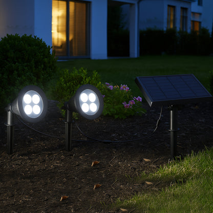 Double spot solaire relié avec panneau solaire déporté 2 en 1 à piquer ou à fixer éclairage puissant LED blanc dimmable FAMILY SPIKY H34cm