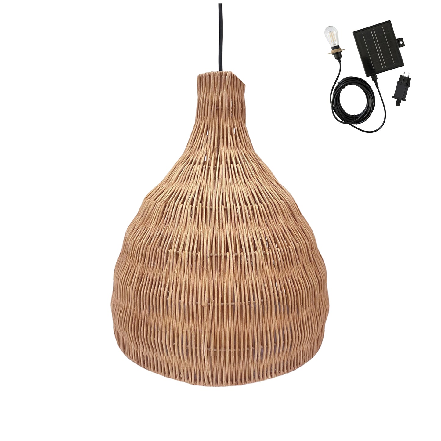Suspension solaire BELLA SOLAR en rotin naturel avec câble hybride secteur et solaire 5m de longueur