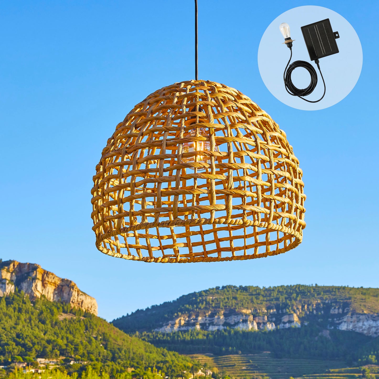 Suspension solaire AMADEO SOLAR en jacinthe d'eau avec câble hybride secteur et solaire 5m de longueur