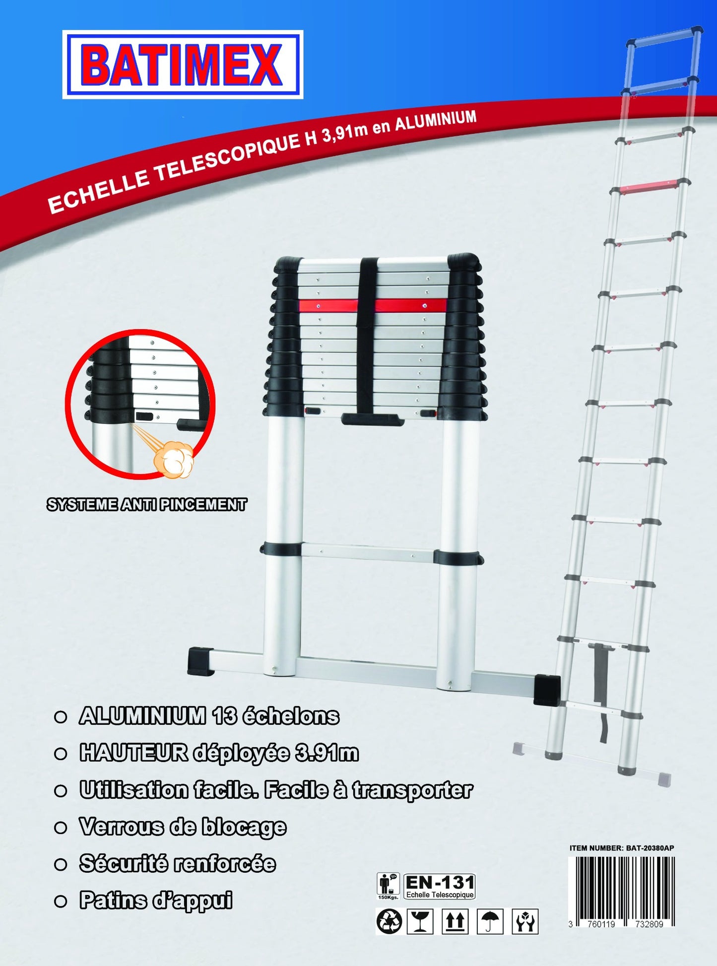 Echelle télescopique avec stabilisateur 3.91m en aluminium PRO Couleur Rouge et Gris - REDDECO.com