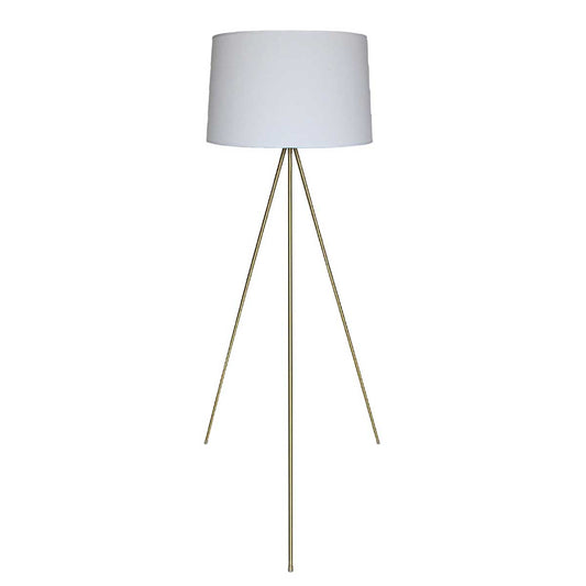 Dreibein-Stehlampe ELLIA GOLD Lampenschirm aus weißem Stoff und Metallfuß mit Messing-Finish mit E27-Fassung H140 cm