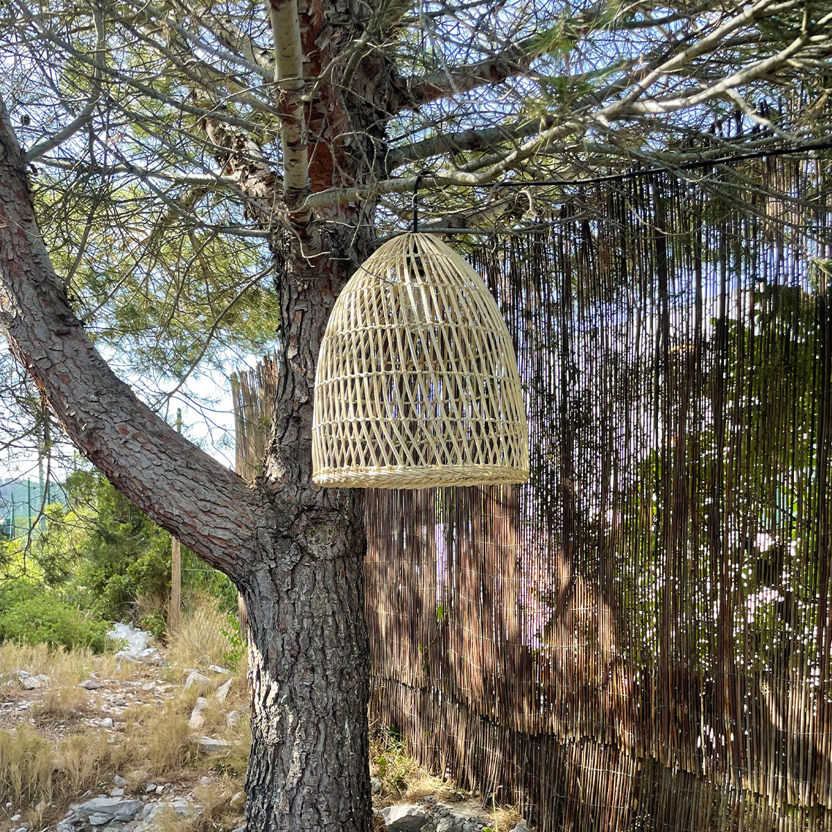 Netzbetriebene Pendelleuchte für den Außenbereich PAULO OUTDOOR CABLE im natürlichen Rattan-Bohemien-Stil 5m Kabellänge