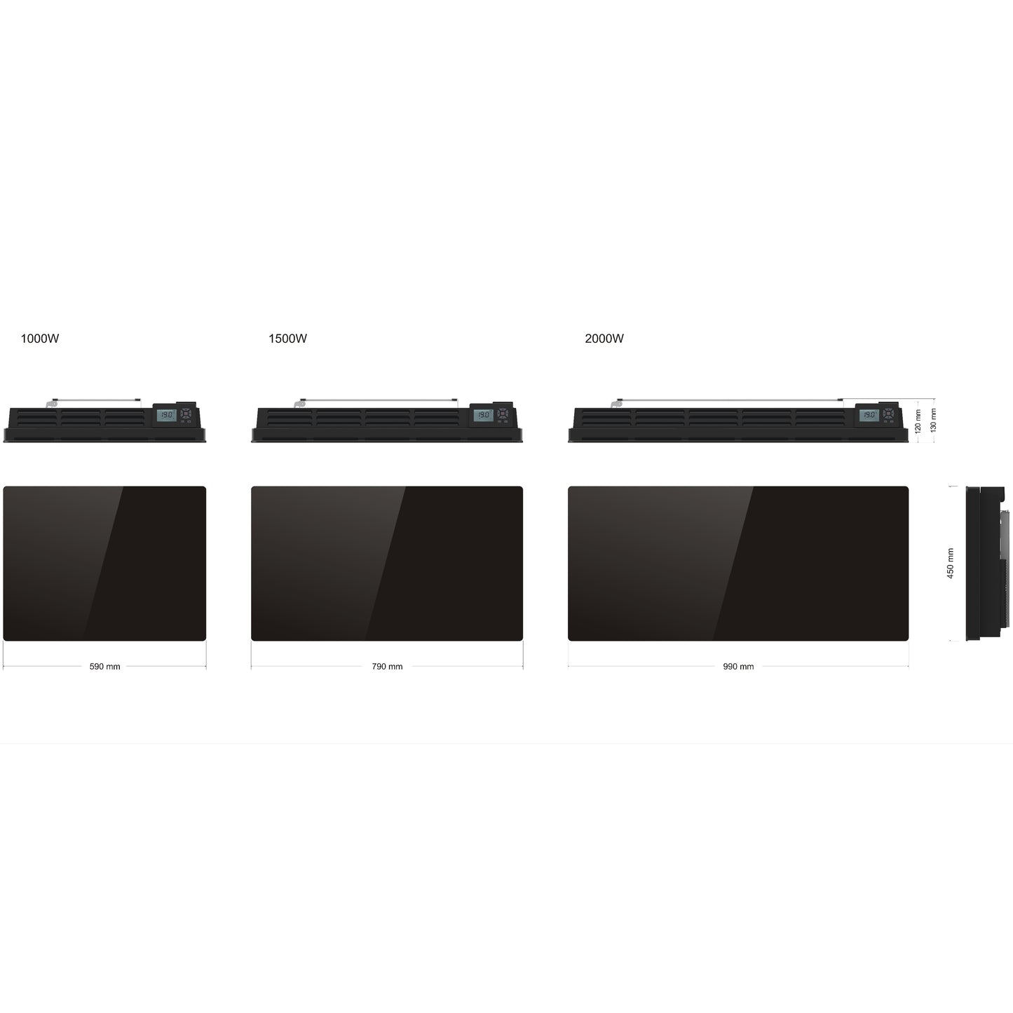 Schwarzer elektrischer Heizkörper mit trockener Trägheit KERAMIK-Block + GLAS-Fassaden-LCD-Bildschirm 1000W GLASS Standard NF